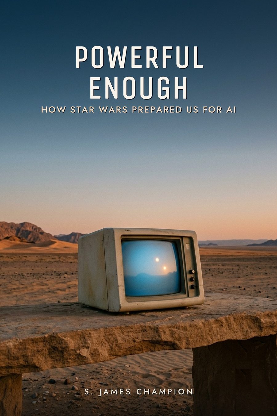 Cover of Powerful Enough: How Star Wars Prepared Us for AI — a vintage television on a stone ledge in the desert.