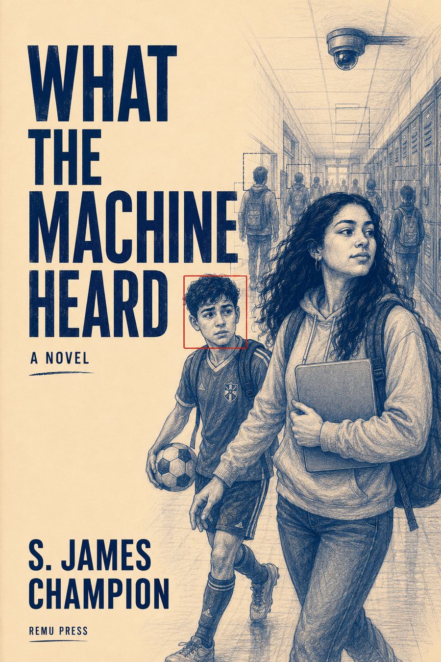 Cover of What the Machine Heard — two students in a school hallway, the younger boy's face marked by a red tracking box.